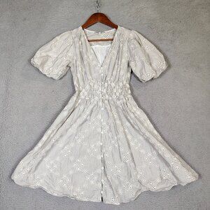 Madewell Mini Dress Women's 2XS White Black Striped Eyelet Sophia Puff Sleeve